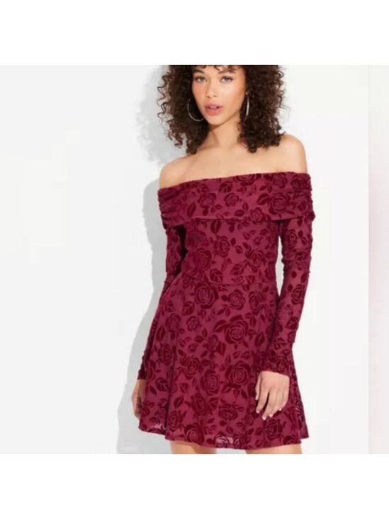 wild fable Dresses & Skirts - Wild Fable off shoulder Long Sleeve Flocked Mini Fit and Flare Holiday Dress